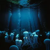 Bioluminescent jellyfish forest in deep ocean casting mystical glow - Image 4