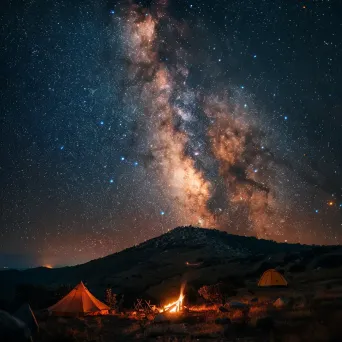 Starry night sky with Milky Way galaxy and campfire on hill - Image 3