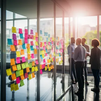 Young professionals brainstorming ideas on a colorful whiteboard - Image 1