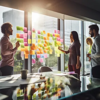 Young professionals brainstorming ideas on a colorful whiteboard - Image 2