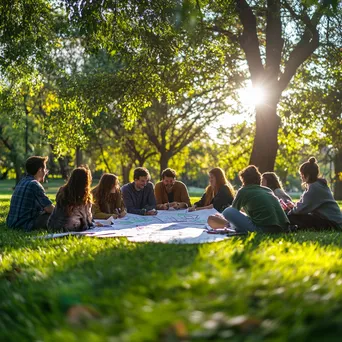 Group brainstorming outdoors with large sheets of paper on grass - Image 1