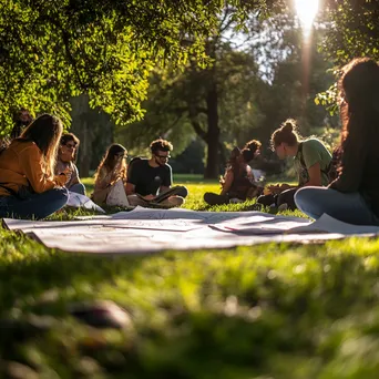 Group brainstorming outdoors with large sheets of paper on grass - Image 2