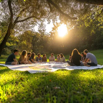 Group brainstorming outdoors with large sheets of paper on grass - Image 3