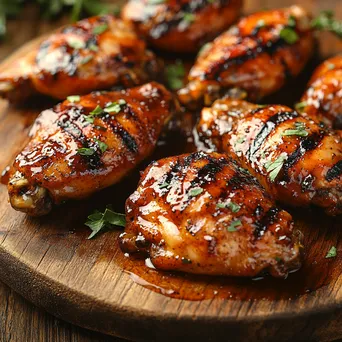 Close-up of grilled chicken wings on a wooden platter with herbs - Image 2