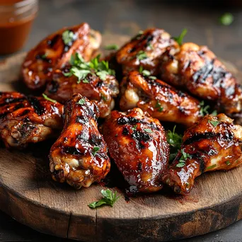 Close-up of grilled chicken wings on a wooden platter with herbs - Image 3