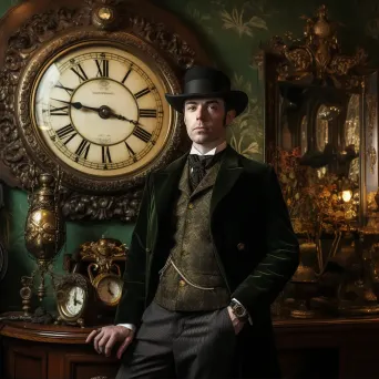 Portrait of a gentleman in top hat by antique clock in Victorian parlor - Image 1