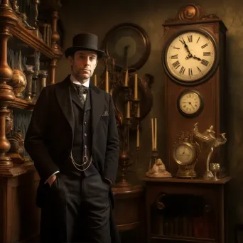 Portrait of a gentleman in top hat by antique clock in Victorian parlor - Image 2