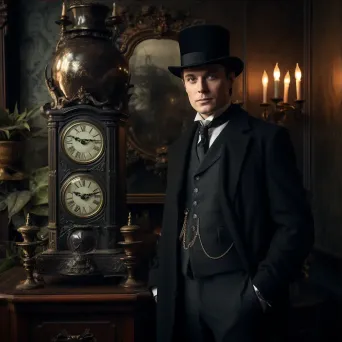 Portrait of a gentleman in top hat by antique clock in Victorian parlor - Image 3