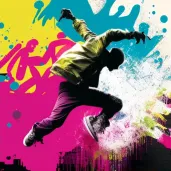 Hip hop dancer performing a jump in front of a graffiti-covered wall - Image 2