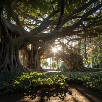 Banyan tree with aerial roots illuminated by morning light - Image 2