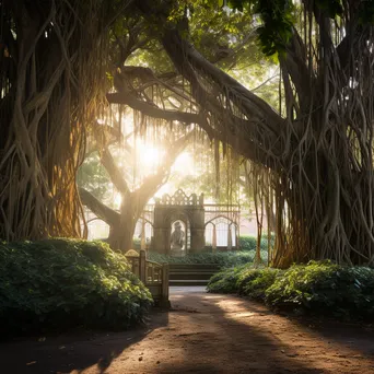 Banyan tree with aerial roots illuminated by morning light - Image 3