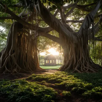 Banyan tree with aerial roots illuminated by morning light - Image 4