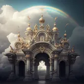 Heavenly realm with palace of clouds and fluttering cherubs - Image 1