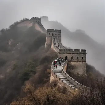 Great Wall of China with tourists walking along the wall - Image 1