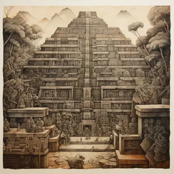 Stone etching of the intricate architectural marvels and rituals of the Mayan civilization - Image 3