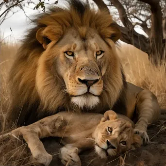 Image of a majestic aging lion watching over a playful cub - Image 2