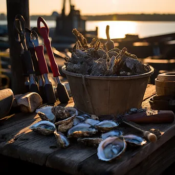 Oyster farming tools on a weathered dock - Image 1