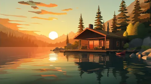 Peaceful low poly sunset at a lakeside cabin - Image 2