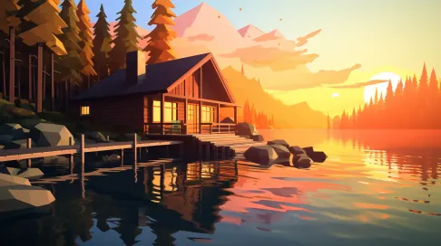 Peaceful low poly sunset at a lakeside cabin - Image 3