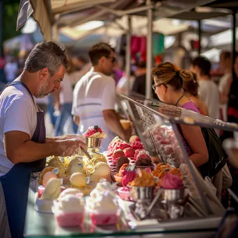 Artisan gelato vendor scooping gelato into cones at a local festival. - Image 1