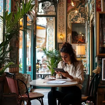 Digital nomad writing notes in a colorful café - Image 1