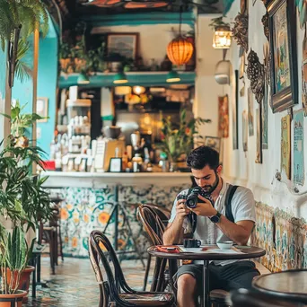 Digital nomad writing notes in a colorful café - Image 2