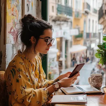 Digital nomad writing notes in a colorful café - Image 4