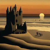 Picture of a tranquil beach scene at sundown with a sandcastle being washed away - Image 1