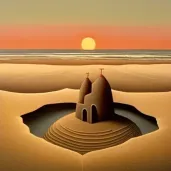 Picture of a tranquil beach scene at sundown with a sandcastle being washed away - Image 4