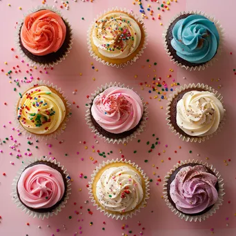 Overhead shot of assorted colorful cupcakes - Image 1