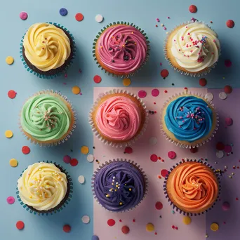 Overhead shot of assorted colorful cupcakes - Image 3