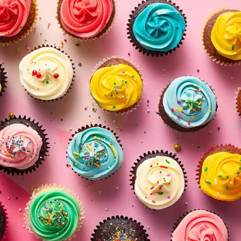 Overhead shot of assorted colorful cupcakes - Image 4