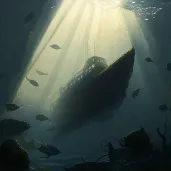 Lonely shipwreck with curious fish and sunlight in sea - Image 1