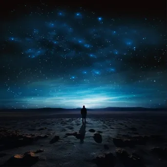 Solitary explorer standing on a barren, alien landscape under a sky filled with unfamiliar constellations in an image generated by a prompt. - Image 1