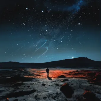 Solitary explorer standing on a barren, alien landscape under a sky filled with unfamiliar constellations in an image generated by a prompt. - Image 3