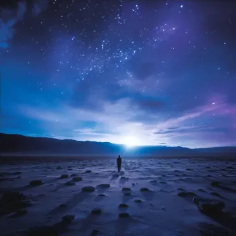 Solitary explorer standing on a barren, alien landscape under a sky filled with unfamiliar constellations in an image generated by a prompt. - Image 4