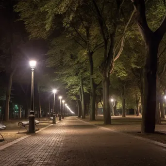 Serene urban park at night with gentle lamppost lighting - Image 3