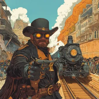 Vibrant comic art of a western steampunk showdown - Image 1