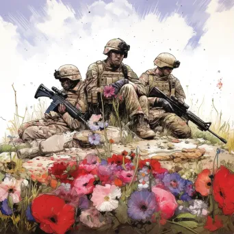 Illustration of soldiers in a moment of ceasefire among blooming flowers, symbolizing peace - Image 1