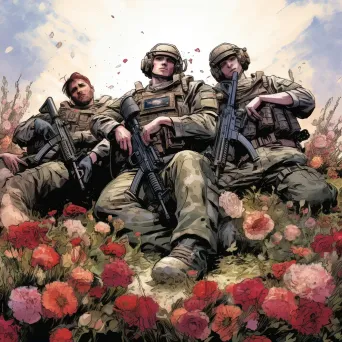 Illustration of soldiers in a moment of ceasefire among blooming flowers, symbolizing peace - Image 2