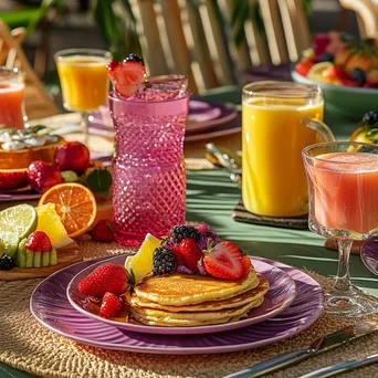 Brightly set table for festive brunch with pancakes and fruits - Image 2