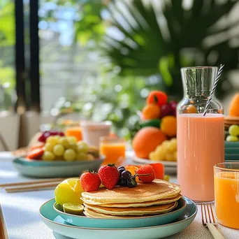 Brightly set table for festive brunch with pancakes and fruits - Image 3