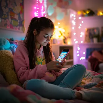 A teen girl shopping on her smartphone in a colorful bedroom with fairy lights. - Image 1