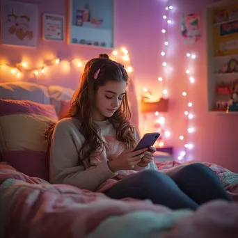 A teen girl shopping on her smartphone in a colorful bedroom with fairy lights. - Image 2