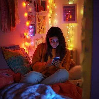 A teen girl shopping on her smartphone in a colorful bedroom with fairy lights. - Image 4