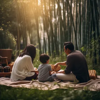 Family picnic surrounded by bamboo - Image 1