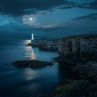 Moonlit lighthouse on coastal cliffs in a tranquil marine scene - Image 1