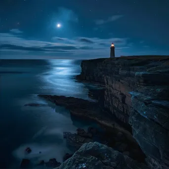 Moonlit lighthouse on coastal cliffs in a tranquil marine scene - Image 2