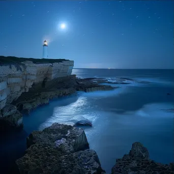 Moonlit lighthouse on coastal cliffs in a tranquil marine scene - Image 3