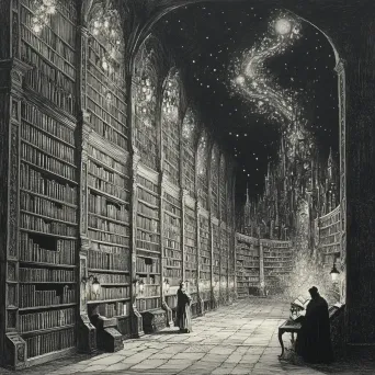 Copperplate etched depiction of a grand library holding infinite dream records, lit by mystical lanterns - Image 2